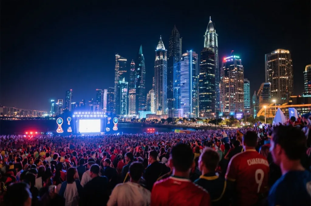 世界杯期间的城市夜景与球迷聚集场景,呈现赛事氛围与城市活力